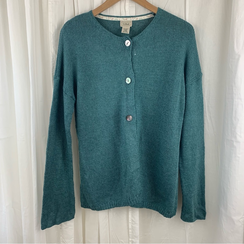 L.L. Bean Women’s Blue Green Cotton Linen Blend Cardigan Sweater Size L